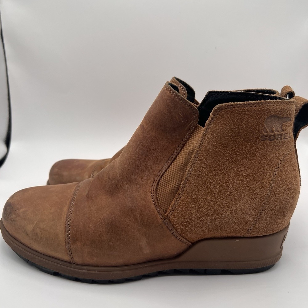 Sorel Womens Evie Boot Shoes II 10 Hidden Wedge Heel Brown Suede Chelsea Leather - Picture 2 of 8